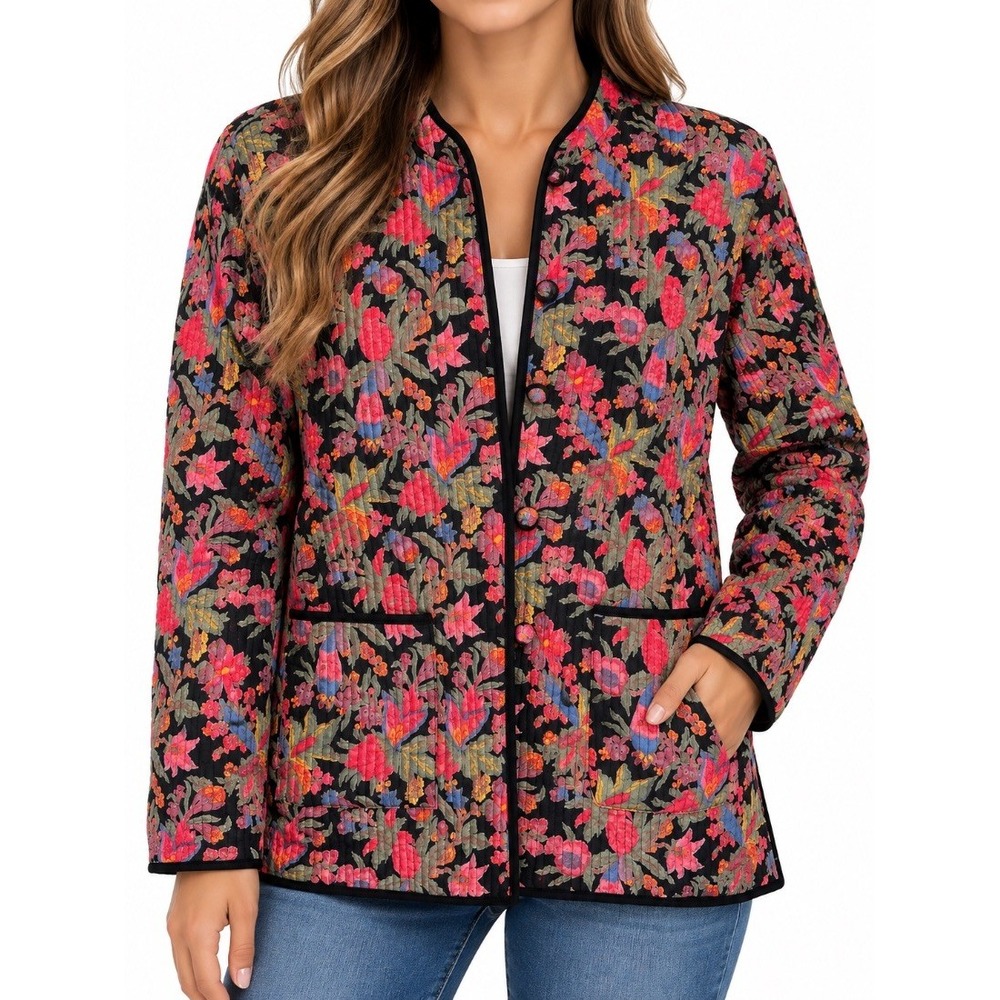 Orvis Womens Quilted Jacket Black Floral Cotton Open Front Blazer Size S